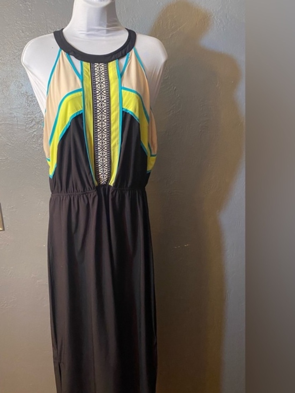 Studio Y Black Maxi Dress with Neon Yellow & Turquoise Accents